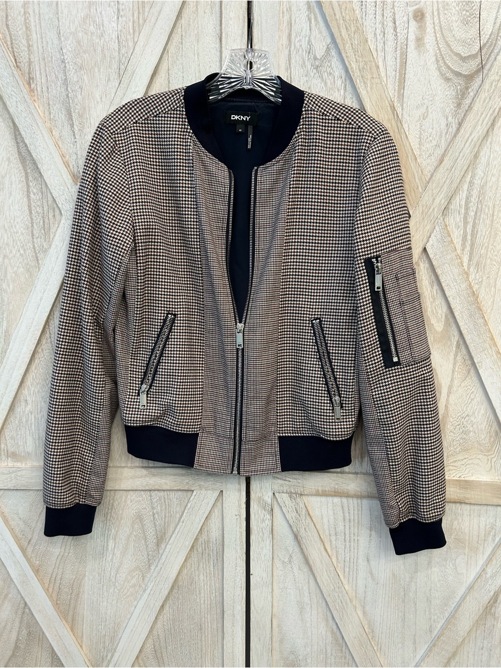 DKNY Black & Cream Houndstooth Bomber Jacket